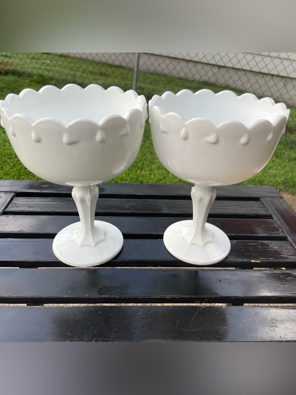 2 Vintage Indiana Teardrop Compote Dish Milk Glass Pedestal Bowl Candy Dish 7.5"